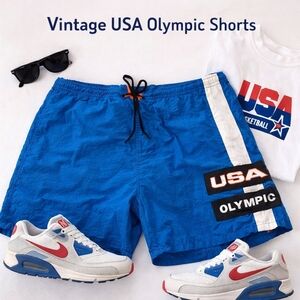Vintage USA Olympic Swim Trunks Blue Nylon Mesh Lined Size Large